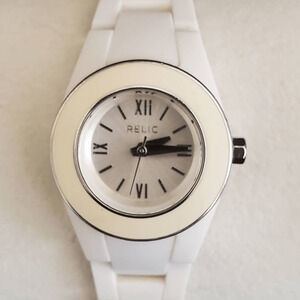 Relic Petit‎ Ladies Watch Cream Colored Enamel Bezel and White Band Silver Tone